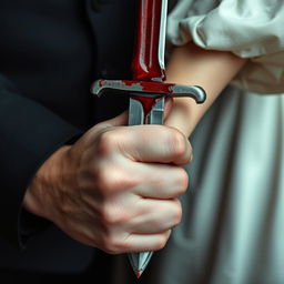 A close-up image featuring a blood-stained dagger held jointly by a 20-year-old man and an 18-year-old woman