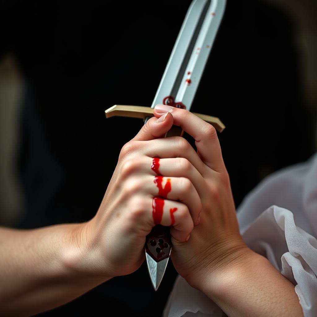 A close-up image featuring a blood-stained dagger held jointly by a 20-year-old man and an 18-year-old woman