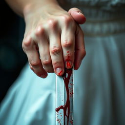 A close-up image featuring a blood-stained dagger held jointly by a 20-year-old man and an 18-year-old woman