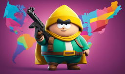 Eric Cartman from South Park as a Fortnite character in 32k high resolution, armed with a legendary scar on the vibrant Fortnite map