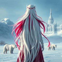 A striking central composition featuring a fantastic princess with long, flowing white hair accented with vibrant red streaks, seen from the back