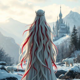 A striking central composition featuring a fantastic princess with long, flowing white hair accented with vibrant red streaks, seen from the back