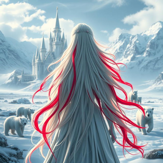 A striking central composition featuring a fantastic princess with long, flowing white hair accented with vibrant red streaks, seen from the back