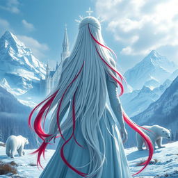 A striking central composition featuring a fantastic princess with long, flowing white hair accented with vibrant red streaks, seen from the back