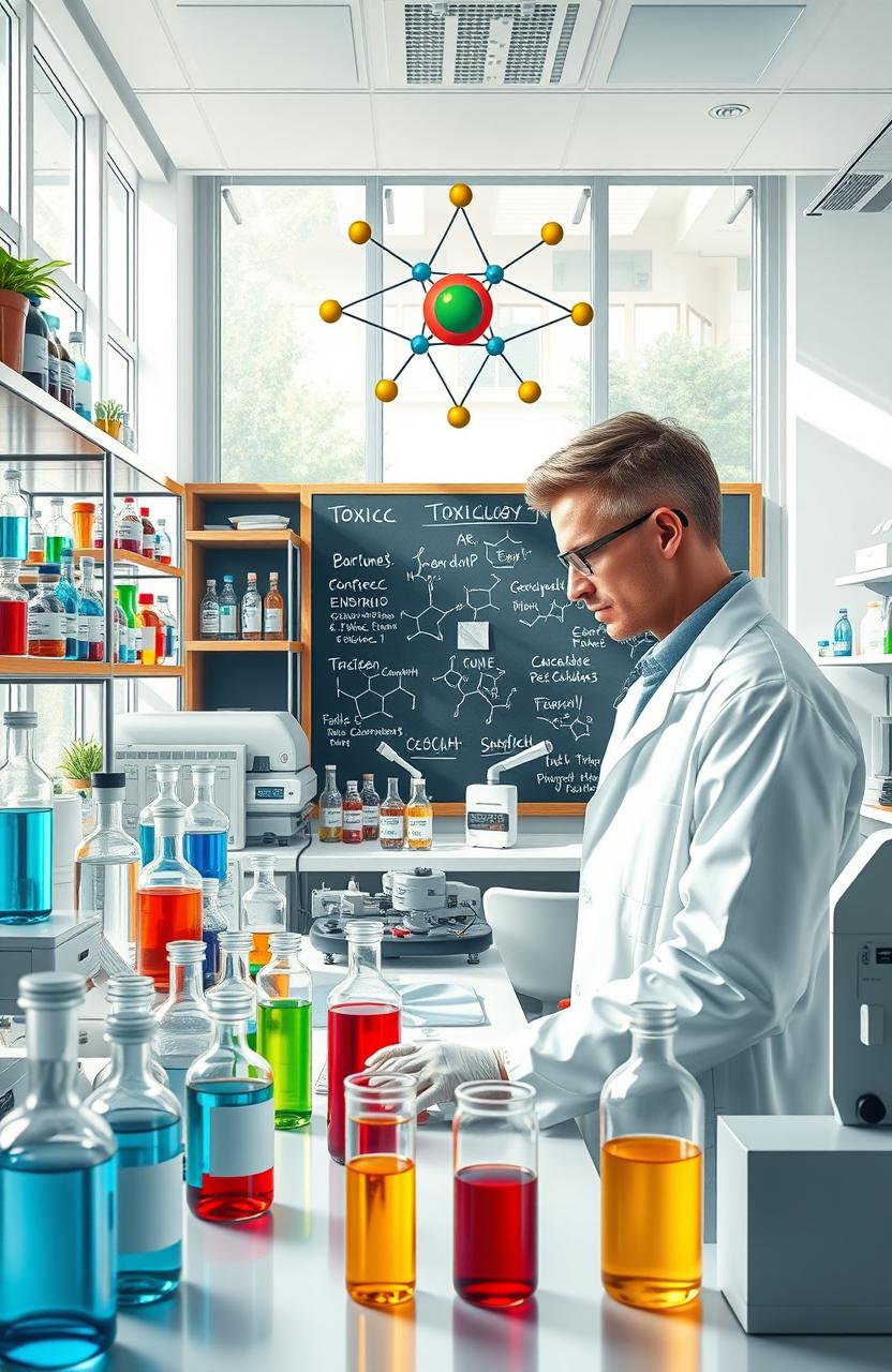 A detailed and artistic representation of a scientific laboratory focused on pharmacology and toxicology