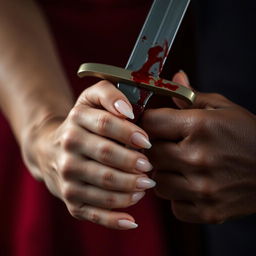 A dramatic close-up image featuring a blood-stained dagger held by a 20-year-old man and an 18-year-old woman