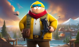 Eric Cartman from South Park as a Fortnite character in 32k high resolution, armed with a legendary scar on the vibrant Fortnite map