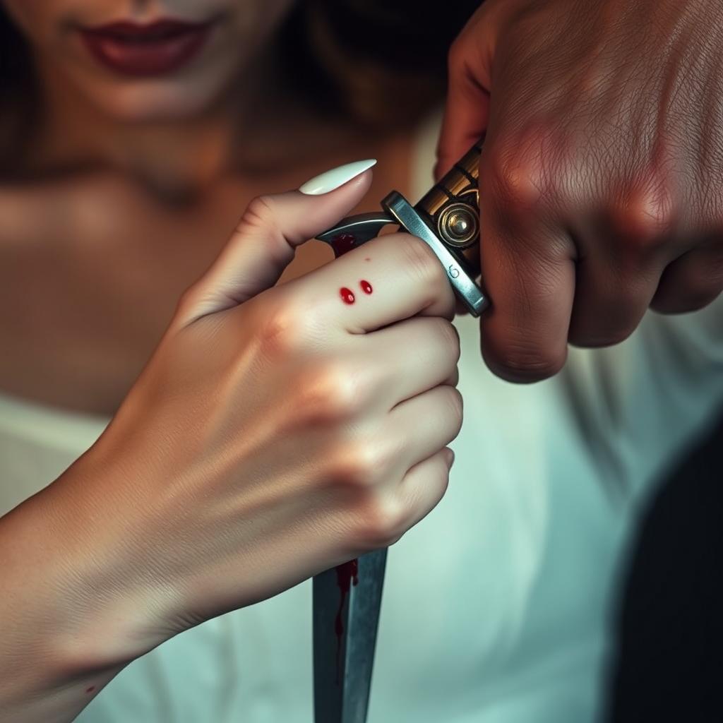 A dramatic close-up image featuring a blood-stained dagger held by a 20-year-old man and an 18-year-old woman