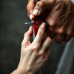 A dramatic close-up image featuring a blood-stained dagger held by a 20-year-old man and an 18-year-old woman