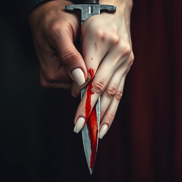 A dramatic close-up image featuring a blood-stained dagger held by a 20-year-old man and an 18-year-old woman