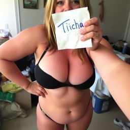 An amateur selfie of a 29-year-old chubby woman wearing a sexy, short bikini