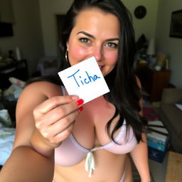An amateur selfie of a 29-year-old chubby woman wearing a sexy, short bikini