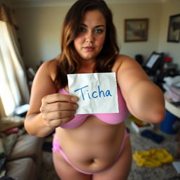 An amateur selfie of a 29-year-old chubby woman wearing a sexy, short bikini