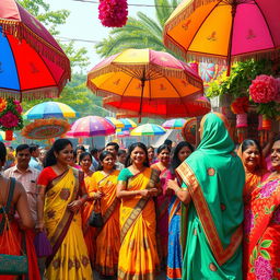 A colorful and vibrant scene depicting a lively Bengali celebration with a focus on traditional elements such as vibrant saris, floral patterns, and rich cultural decorations