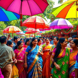 A colorful and vibrant scene depicting a lively Bengali celebration with a focus on traditional elements such as vibrant saris, floral patterns, and rich cultural decorations