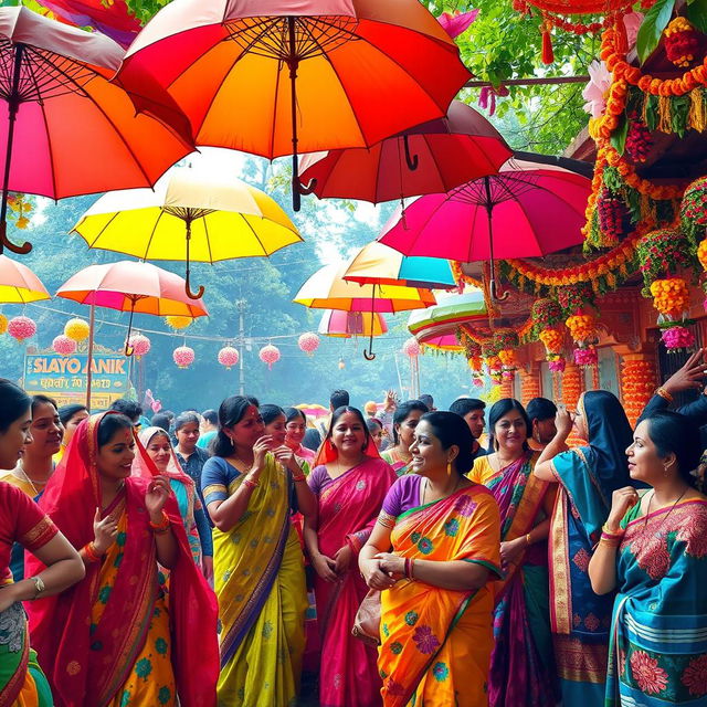 A colorful and vibrant scene depicting a lively Bengali celebration with a focus on traditional elements such as vibrant saris, floral patterns, and rich cultural decorations