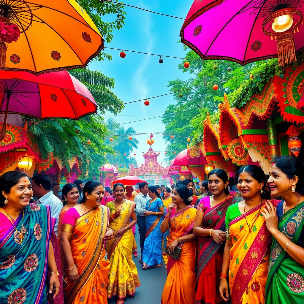 A colorful and vibrant scene depicting a lively Bengali celebration with a focus on traditional elements such as vibrant saris, floral patterns, and rich cultural decorations