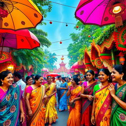 A colorful and vibrant scene depicting a lively Bengali celebration with a focus on traditional elements such as vibrant saris, floral patterns, and rich cultural decorations