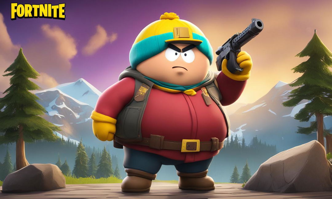 Eric Cartman from South Park in his own style, in the Fortnite universe, armed with a legendary scar, in 32k high resolution.