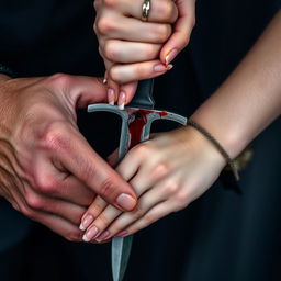 A detailed, yet not overly close-up image featuring a blood-stained dagger held by a 20-year-old man with short fingernails and an 18-year-old woman with long, elegant nails