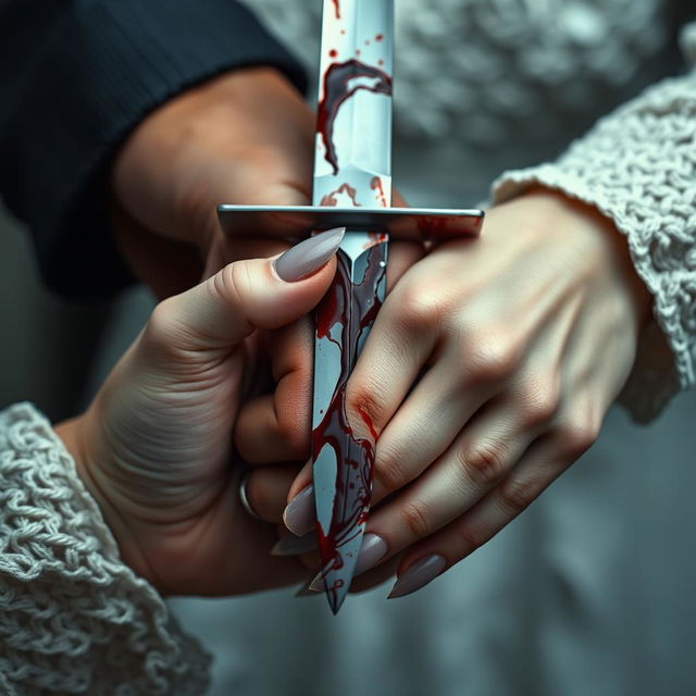 A detailed, yet not overly close-up image featuring a blood-stained dagger held by a 20-year-old man with short fingernails and an 18-year-old woman with long, elegant nails