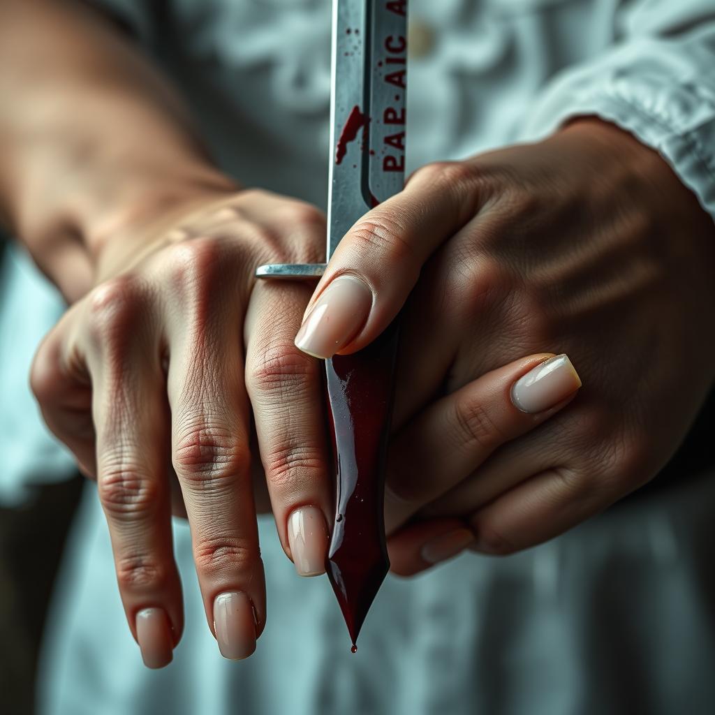 A detailed, yet not overly close-up image featuring a blood-stained dagger held by a 20-year-old man with short fingernails and an 18-year-old woman with long, elegant nails