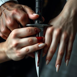 A detailed, yet not overly close-up image featuring a blood-stained dagger held by a 20-year-old man with short fingernails and an 18-year-old woman with long, elegant nails
