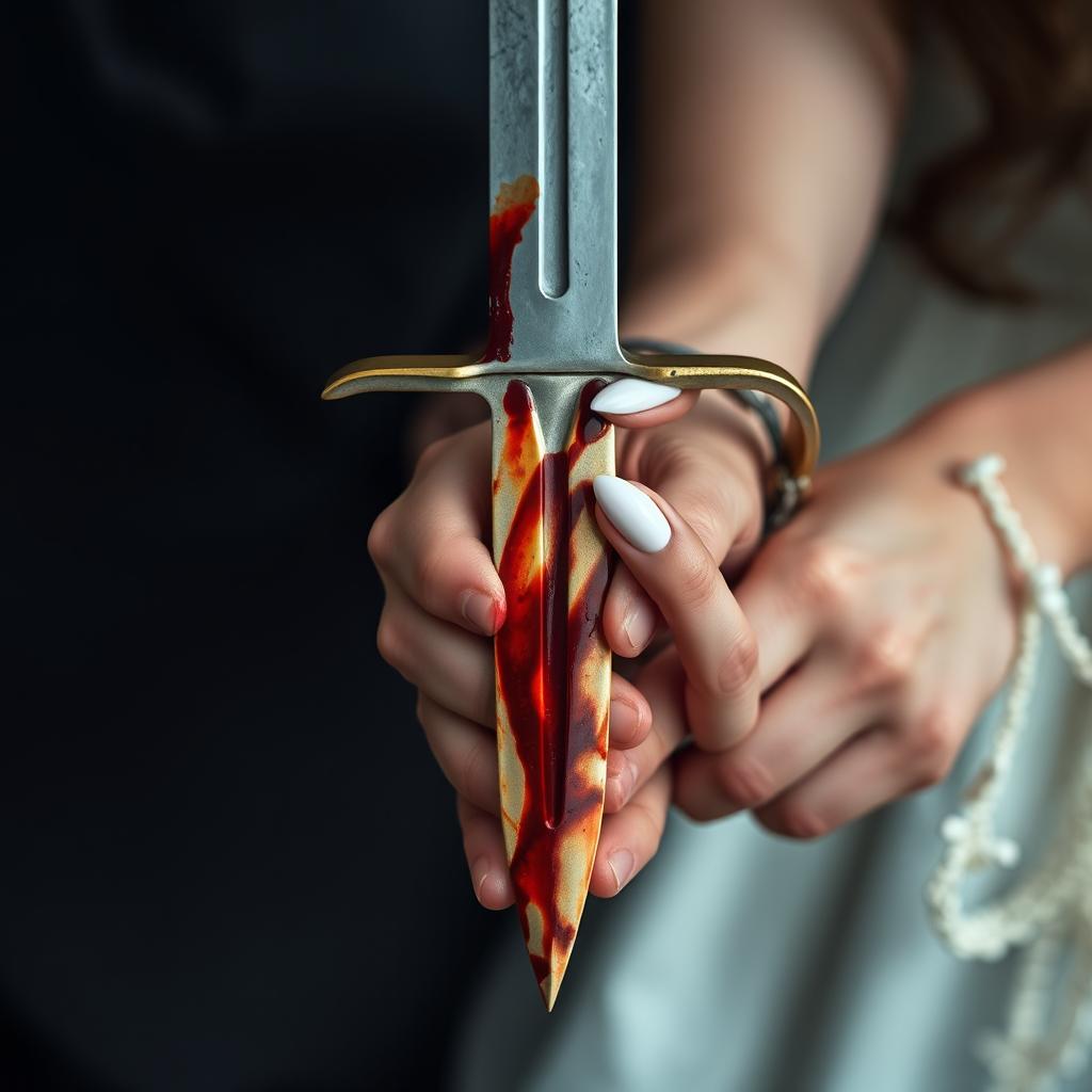 A detailed medium shot of a blood-stained dagger held by a 20-year-old man with short fingernails and an 18-year-old woman with long, elegant nails