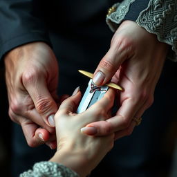 A detailed medium shot of a blood-stained dagger held by a 20-year-old man with short fingernails and an 18-year-old woman with long, elegant nails