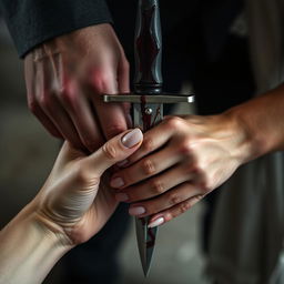A detailed medium shot of a blood-stained dagger held by a 20-year-old man with short fingernails and an 18-year-old woman with long, elegant nails