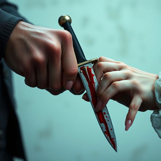 A detailed medium shot of a blood-stained dagger held by a 20-year-old man with short fingernails and an 18-year-old woman with long, elegant nails