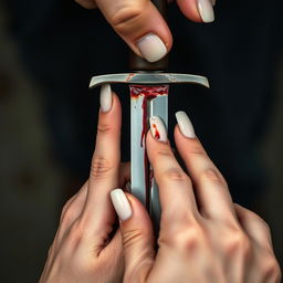 A detailed yet moderately distant shot of a blood-stained dagger held by a 20-year-old man with short fingernails and an 18-year-old woman with long, elegant nails