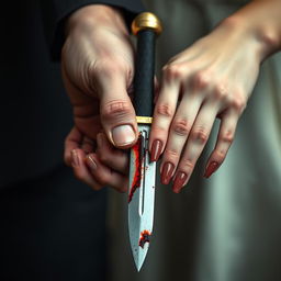 A detailed yet moderately distant shot of a blood-stained dagger held by a 20-year-old man with short fingernails and an 18-year-old woman with long, elegant nails