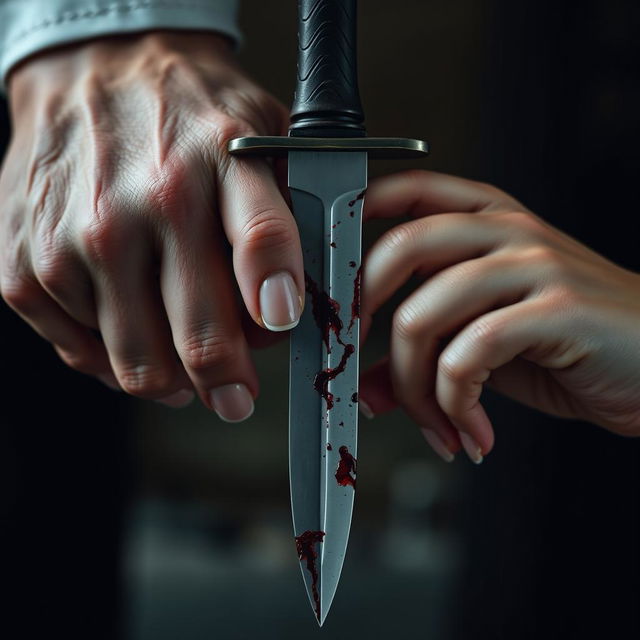 A detailed yet moderately distant shot of a blood-stained dagger held by a 20-year-old man with short fingernails and an 18-year-old woman with long, elegant nails