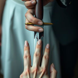 A detailed yet moderately distant shot of a blood-stained dagger held by a 20-year-old man with short fingernails and an 18-year-old woman with long, elegant nails