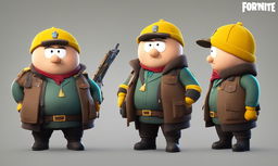 Eric Cartman from South Park in his own style, in the Fortnite universe, armed with a legendary scar, in 32k high resolution.