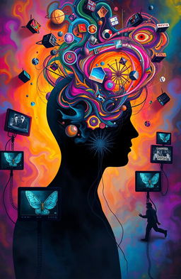 A surreal artwork depicting the concept of brainwashing, featuring a human silhouette with swirling colorful patterns and abstract shapes representing thoughts and ideas being manipulated