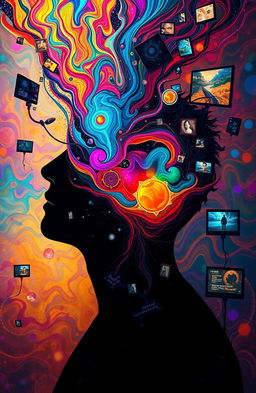 A surreal artwork depicting the concept of brainwashing, featuring a human silhouette with swirling colorful patterns and abstract shapes representing thoughts and ideas being manipulated