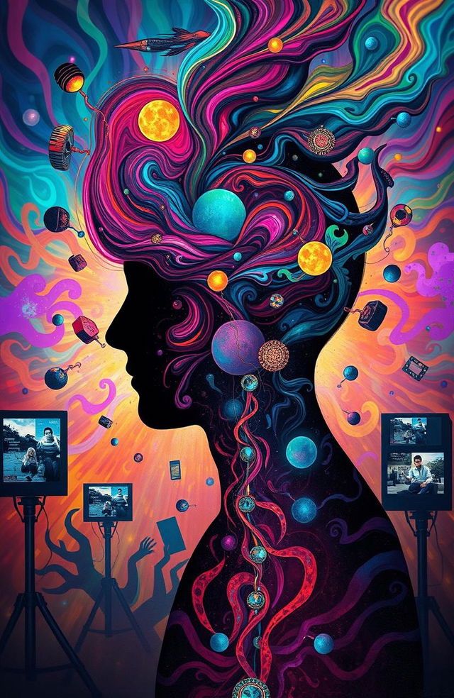 A surreal artwork depicting the concept of brainwashing, featuring a human silhouette with swirling colorful patterns and abstract shapes representing thoughts and ideas being manipulated