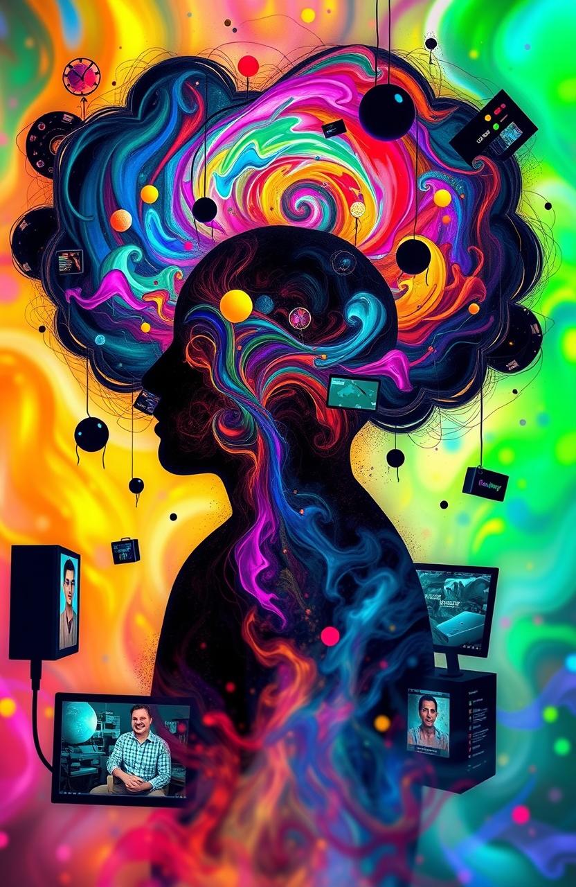 A surreal artwork depicting the concept of brainwashing, featuring a human silhouette with swirling colorful patterns and abstract shapes representing thoughts and ideas being manipulated