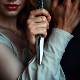 A close-up detail image of a dagger with blood held in the elegant hand of an 18-year-old woman with fair skin