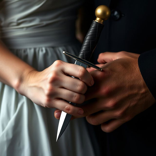 A close-up detail image of a dagger with blood held in the elegant hand of an 18-year-old woman with fair skin