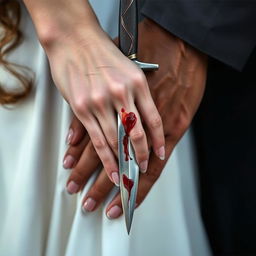 A close-up detail image of a dagger with blood held in the elegant hand of an 18-year-old woman with fair skin