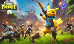 Cinematic 32k digital art featuring Pikachu from Pokémon engaged in an epic battle within the vibrant and chaotic world of Fortnite