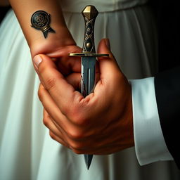 A close-up detail image of a dagger with blood held in the elegant hand of an 18-year-old woman with fair skin