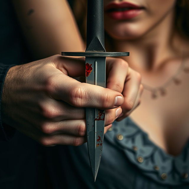 A close-up detail image of a bloody dagger held in the hand of an 18-year-old woman with fair skin