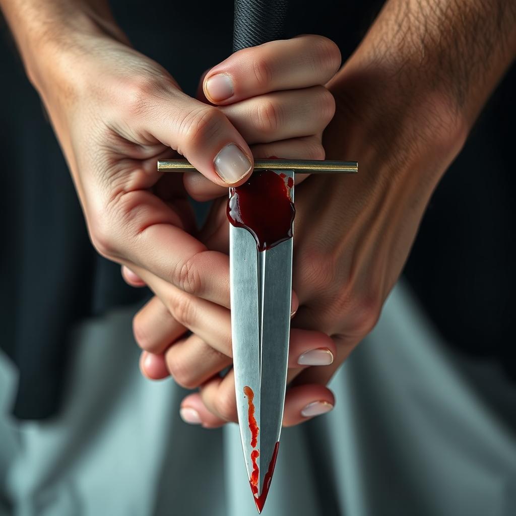 A close-up detail image of a bloody dagger held in the hand of an 18-year-old woman with fair skin