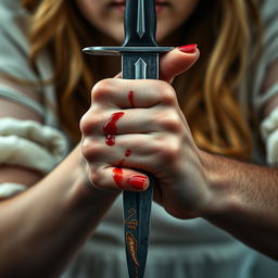 A close-up detail image of a bloody dagger held in the hand of an 18-year-old woman with fair skin