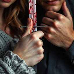 A close-up detail image of a bloody dagger held in the hand of an 18-year-old woman with fair skin