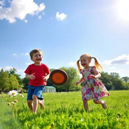 A young boy and girl playing together in a sunny park
